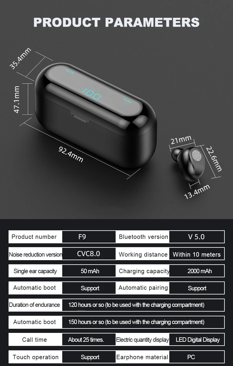 DAG F9 беспроводные наушники Bluetooth 5,0 TWS гарнитура Hi-Fi мини в уши светодиодный дисплей с 2000 мАч power Bank гарнитура с микрофоном