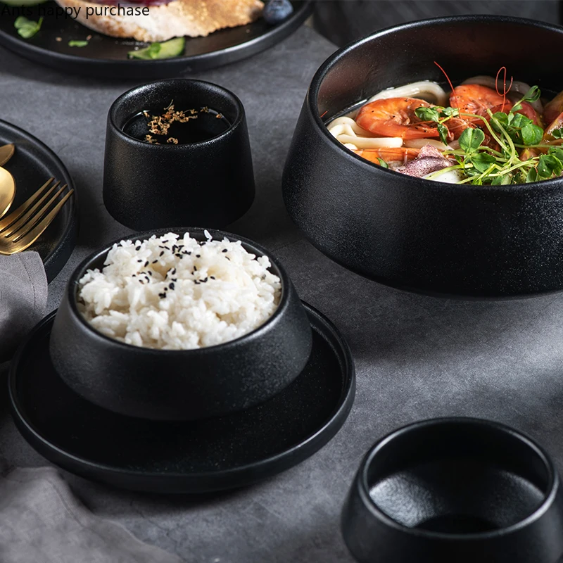 Черная керамическая посуда миска для риса Салатница Высокая ножка Западная