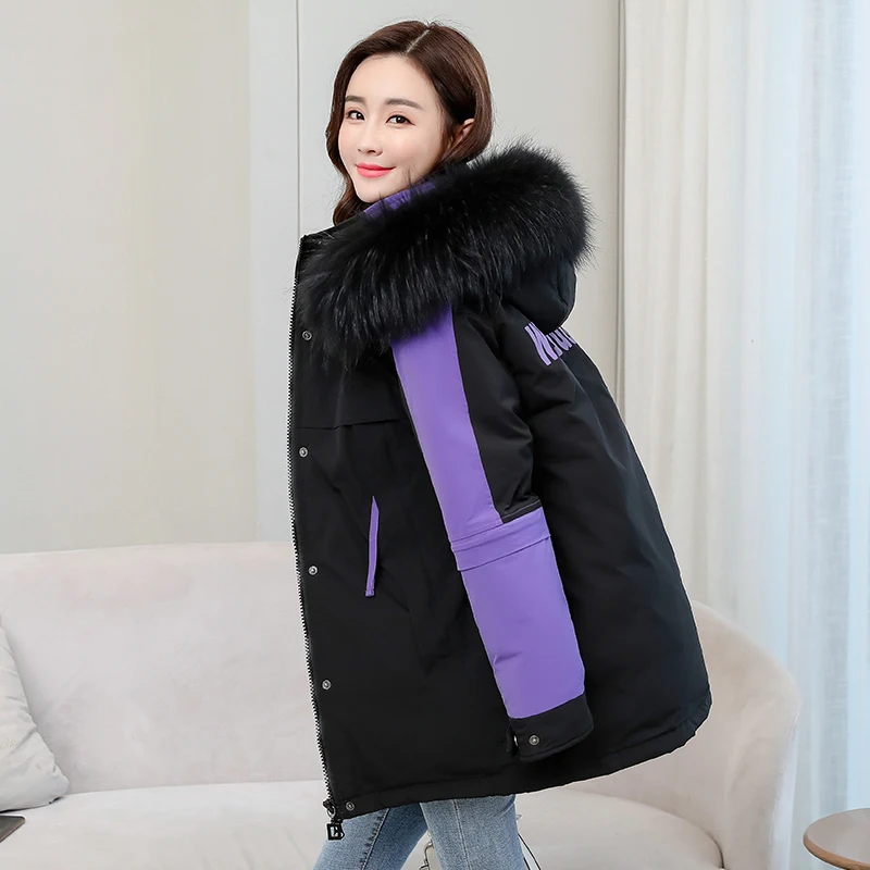 

Plus Size Women Winter Jacket Hooded Fur Collar Patchwork Loose Long Parkas Female Stand Collar Cotton Padded Coats Down Jackets
