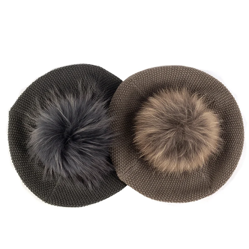 Берет Geebro Женский вязаный мягкий весна-осень с настоящим помпоном женский