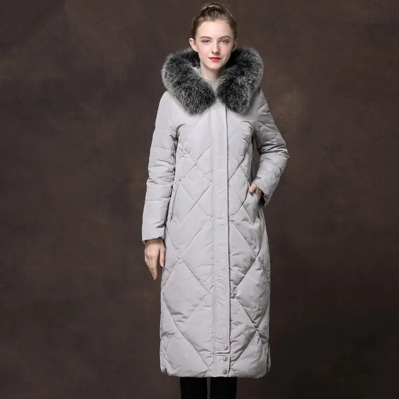 Пуховик с лисьим меховым воротником женская зимняя куртка капюшоном женское