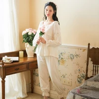 long sleeve cotton pajamas suit women retro trousers loose plus size palace style princess home service two piece suit