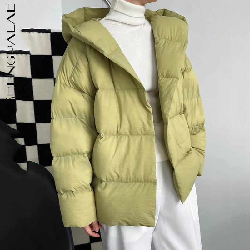 

SHENGPALAE модная однотонная хлопковая стеганая куртка для женщин зима 2021 Новинка с капюшоном свободное однобортное толстое пальто с длинным ру...