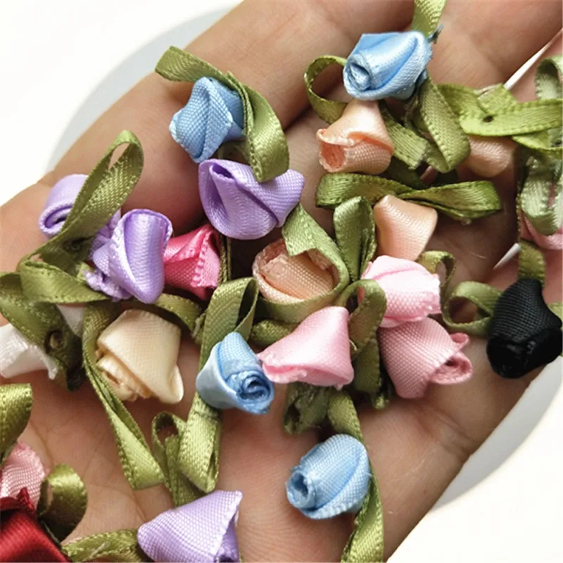 

50PCS 3/8" Mini Artificial Flowers Fancy Ribbon Flowers Rose Appliques Wedding Sewing Ornament