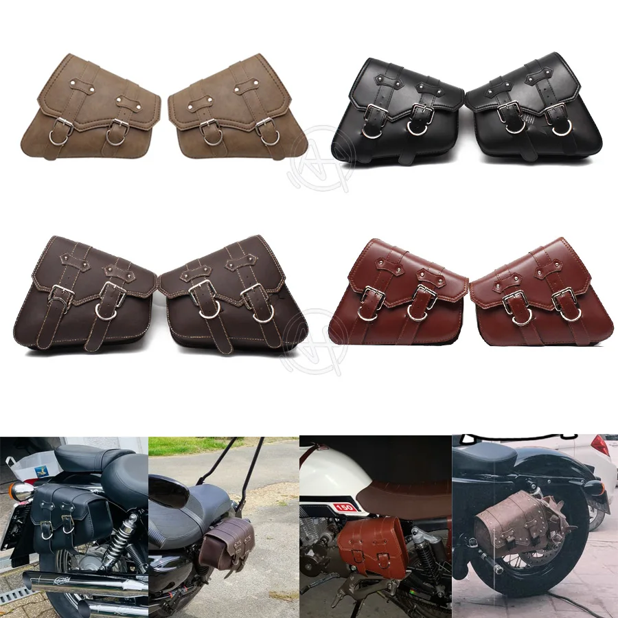 For Honda Suzuki Harley Sportster XL 883 XL1200 Black PU Leather Saddle Bag Motorcycle Luggage Left+Right Side Tool Bag