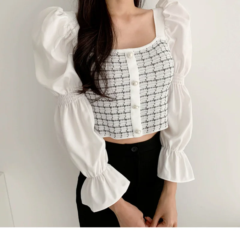 

Kimutomo French Retro Plaid Blouse Women Early Autumn New Ladies Square Collar Patchwork Puff Sleeve Buttons Short Shirt Elegant