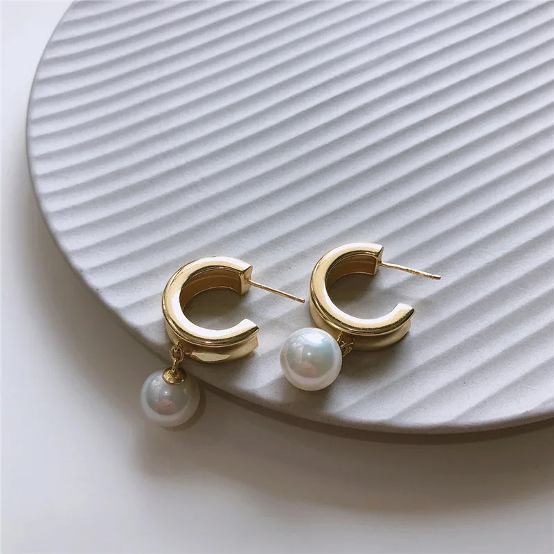 

POFUNUO Real 925 Sterling Silver Nordic Style Women Punk Stud Earrings Girls Fashion C Shape Natural Pearl 18K Gold Chic Earring