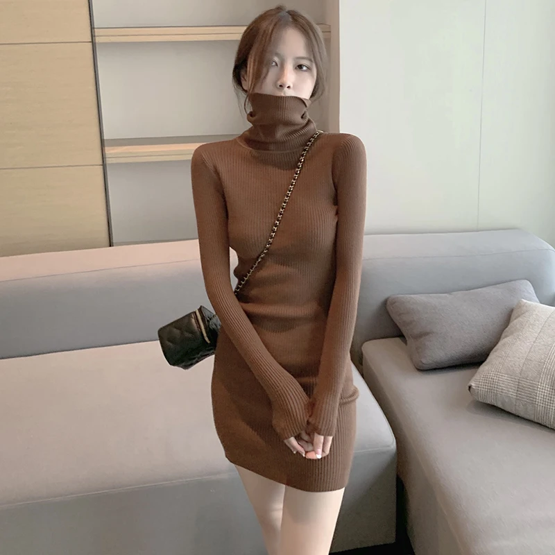 

Dresses Slim Bottom Autumn Winter Wrap Hip Mini Turtleneck Knitted Dress Women Solid Sweater Vestidos De Mujer korean sexy japan