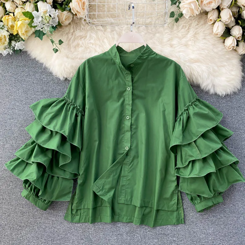 

Casual Patchwork Ruffles Women Shirt Stand Collar Lantern Long Sleeve Loose Blouse For Female Clothing 2021 Spring