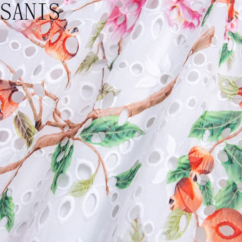 

Sanis 2021 Summer Runway Elegant White Hollow Out Embroidery Dress Women Fashion Lantern Sleeve Floral print Mid Dress