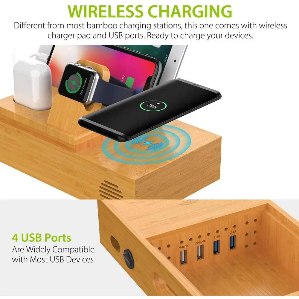 Бамбуковая зарядная станция с 4 USB портами и беспроводным зарядным устройством
