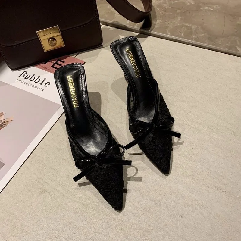 

Women Shoes Woman Slippers Pointed Toe Bow Knot Sexy Ladies Shoes Slides 2020 New Breathable Mesh Thin High Heels Casual Shoes
