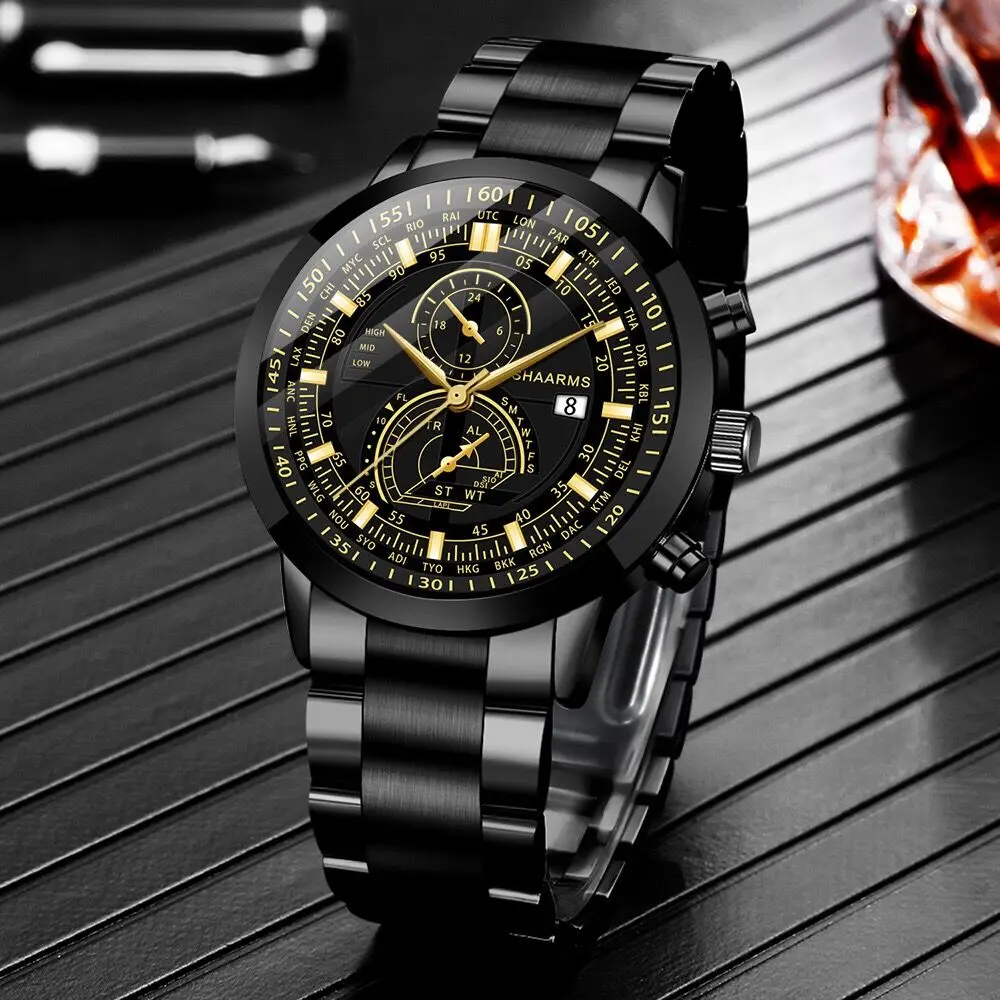 

Luxury Business Three-eye Calendar Roman Scale Dial Steel Belt Men's Quartz Wrist Watch Elite Men Must Relogio Masculino