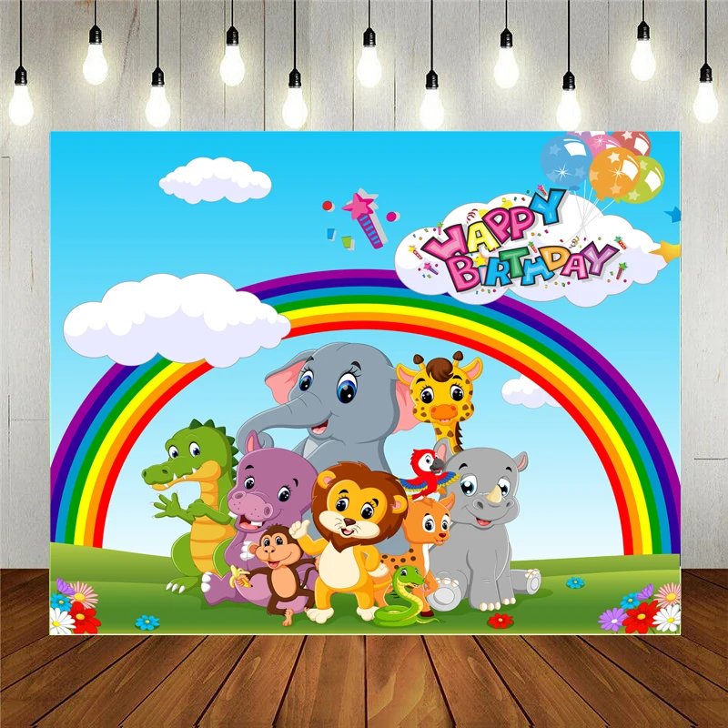 

Photo Studio Props Photography Backdrop Collection Of Zoo Animals With Rainbow Vinyl Background Kids Birthday Party Decoration