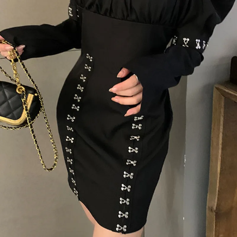 

2021 Spring New Arrival Women Dress Square-neck Long Sleeve Hollow Out Spliced Ruched Party Robes Elegant Mini Vestido De Mujer
