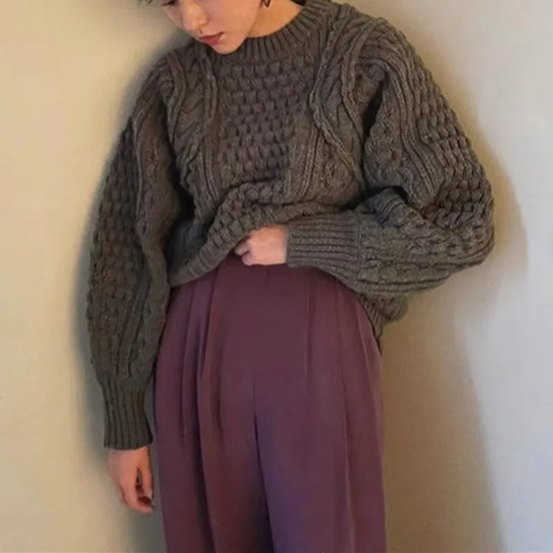 

Women Wool Twist Sweater 2 Colors Long Sleeve Thick O-neck Simple Casual Autumn Winter Female Jumper