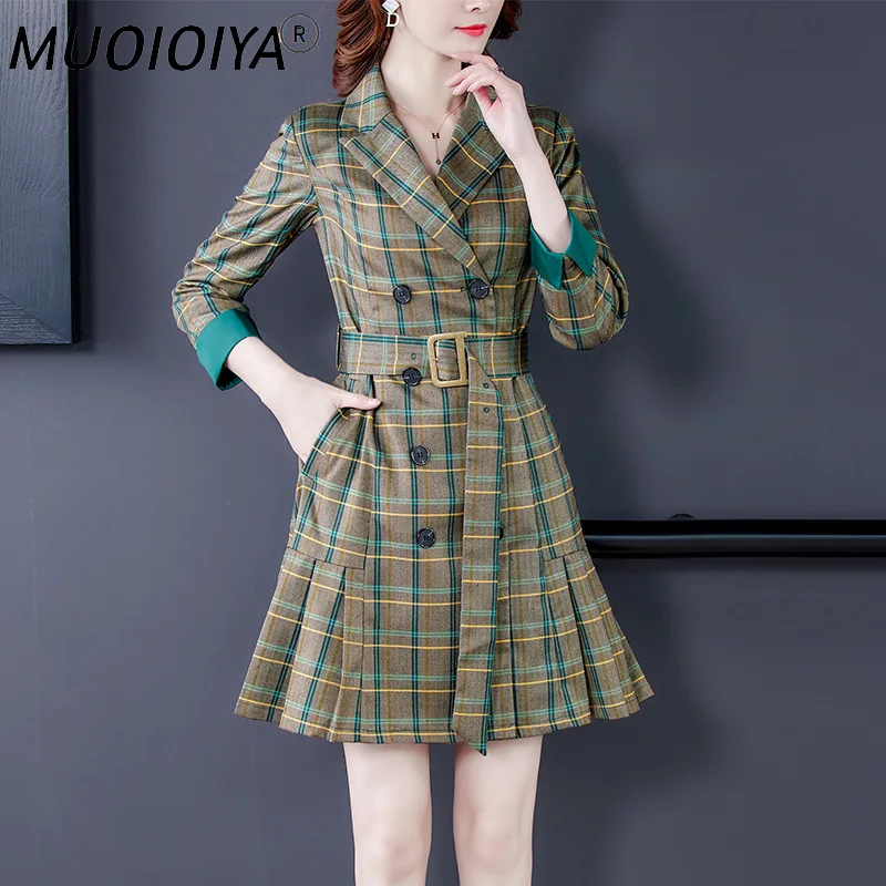 

Vintage Double Breasted Belt Plaid Blazer Dress Women Elegant Office Ladies Suit Jacket Long Sleeve Autumn Mini Pleated Dresses