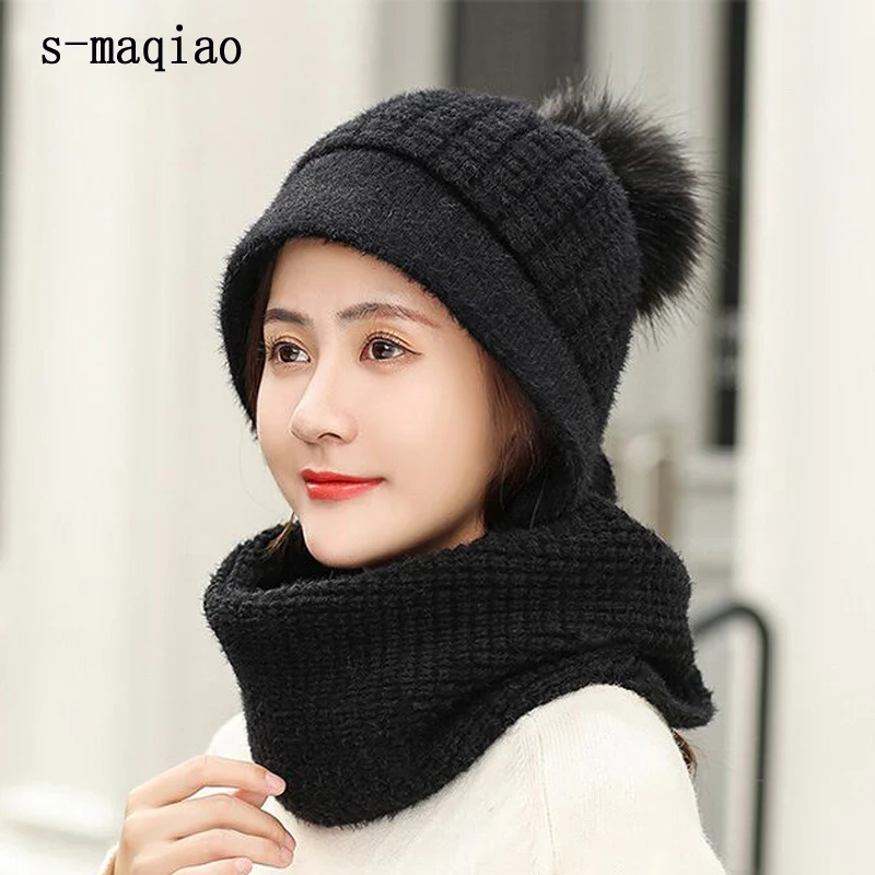 Зимние шерстяные вязанные шарф и шапка набор бини женский шарф Skullies Beanies шапки для женщин шапка s Gorras Bonnet маска цельная шапка