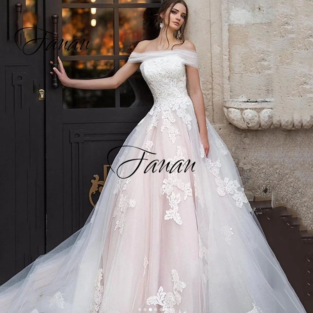 

Boat Neck Tulle A-Line Lace Appliques Wedding Dress Off the Shoulder Gorgeous Bridal Gown robe de soirée de mariage платье