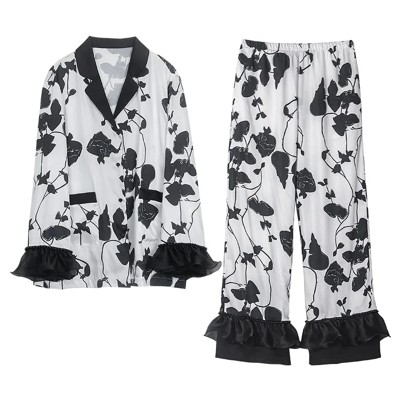 Platycodon flower ice silk pajamas new long-sleeved trousers two-piece women pajamas