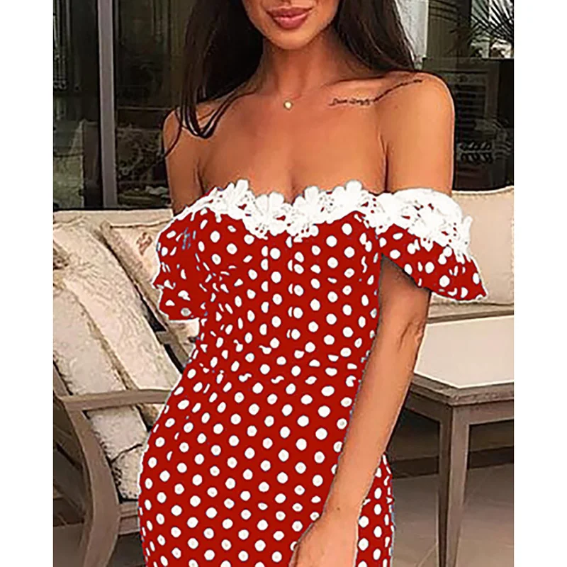 Women Lace Applique Off Shoulder Dots Print Dress Cold Polka Dot Red Slim Fit Casual Party Vestidos | Женская одежда
