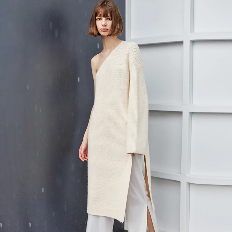 TWOTWINSYLE Casual Knitting Sweater For Female Irregular Collar Long Sleeve One Shoulder Side Split Sweaters Women Fashion Tide | Женская