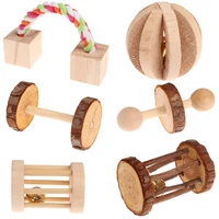 6pcsset pet hamster natural wooden chewing toys chinchilla cage accessories rabbit toys wooden dumbbell exercise bell roller