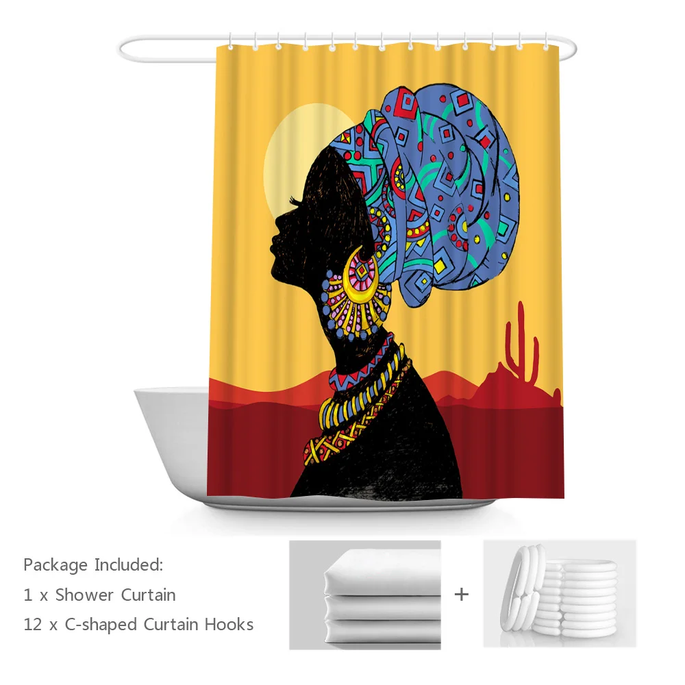 

Afro Girl Shower Curtain African Woman with Headscarf Bath Curtains Pretty Black Lady Home Decoration Set Sunset Desert Bathroom