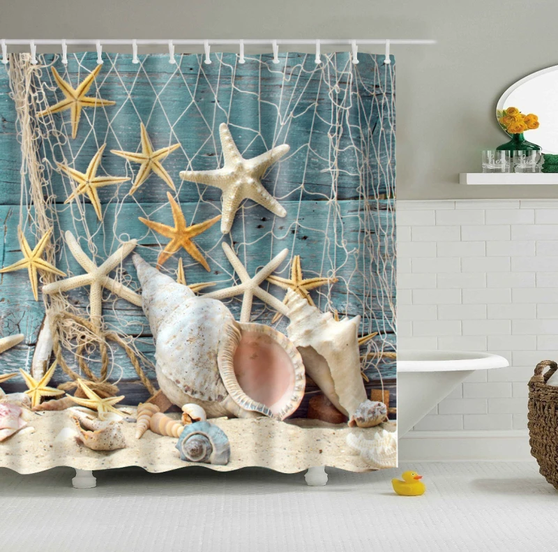 Colorful Beach Conch Shower Curtain starfish Shell Waterproof bath curtain Printing Bathroom Decor large 200x180cm sweetenlife | Дом и сад