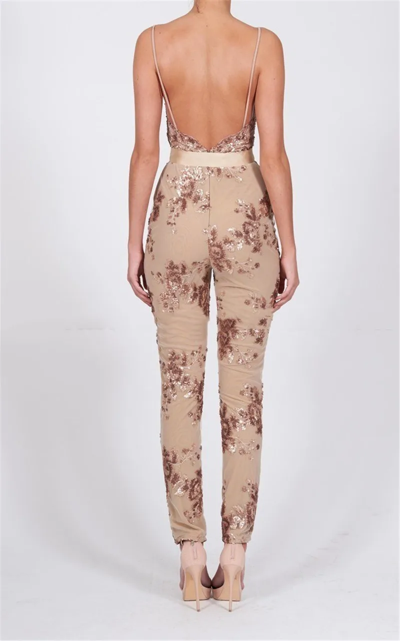 

High Quality Black Slip Lace Mesh Sheath Backless Rayon Bandage Jumpsuit Full Length Homecoming Party Jumpsuit
