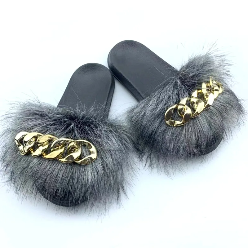 

Women Summer Shoe Furry Slides With Gold Chain Strap Fur Slippers