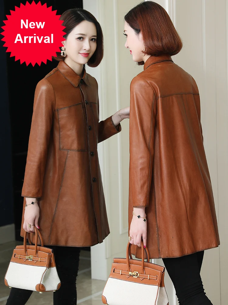 

2020 autumn winter New genuine leather coat Women's Mid-length leather windbreaker sheepskin Korean style
