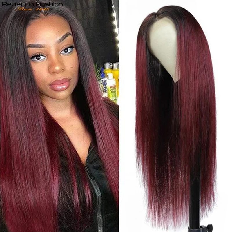 Rebecca Straight Hair 13X1 Lace Front Wig Human Hair Wigs Ombre 99J Red Burgundy Pre-Plucked 180% Remy Human Hair Deep Part Wigs