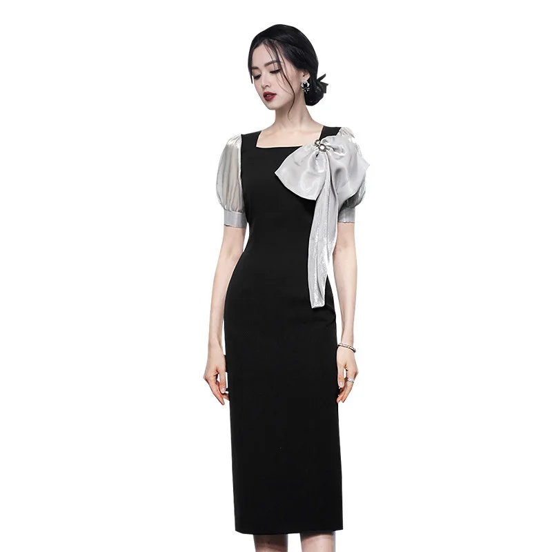 

FOLOBE 2021 Elegant Dresses Women Puff Sleeve Square Collar Bow Patchwork Office Lady Mid calf Dress vestido feminino