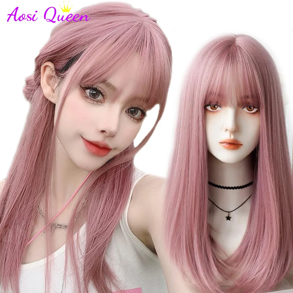 

AS HarajukuPink straight hair Lolita Long Wavy Realistic Cosplay Party Wigs With Bangs For Women Wavy Wigs Synthetic Hair