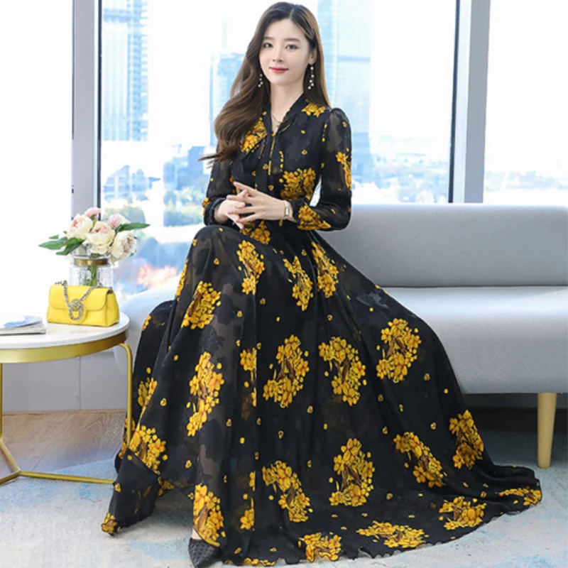 

2021 New Spring And Autumn Dress Black And White Apricot Print Long Skirt High Quality Oversized Flower Long Sleeve Women's Chif