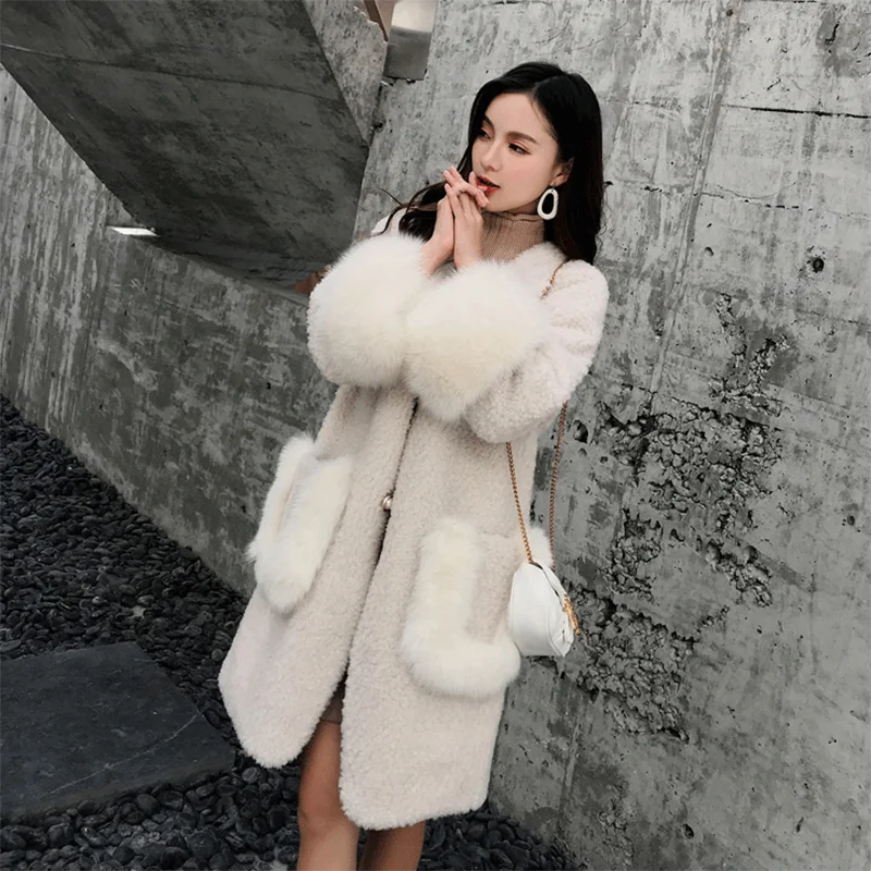 Женское длинное пальто из искусственного меха с V-образным вырезом и длинным