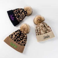 personalized leopard print curled wool ball knit hat womens outdoor warmth embroidery custom name women winter warm