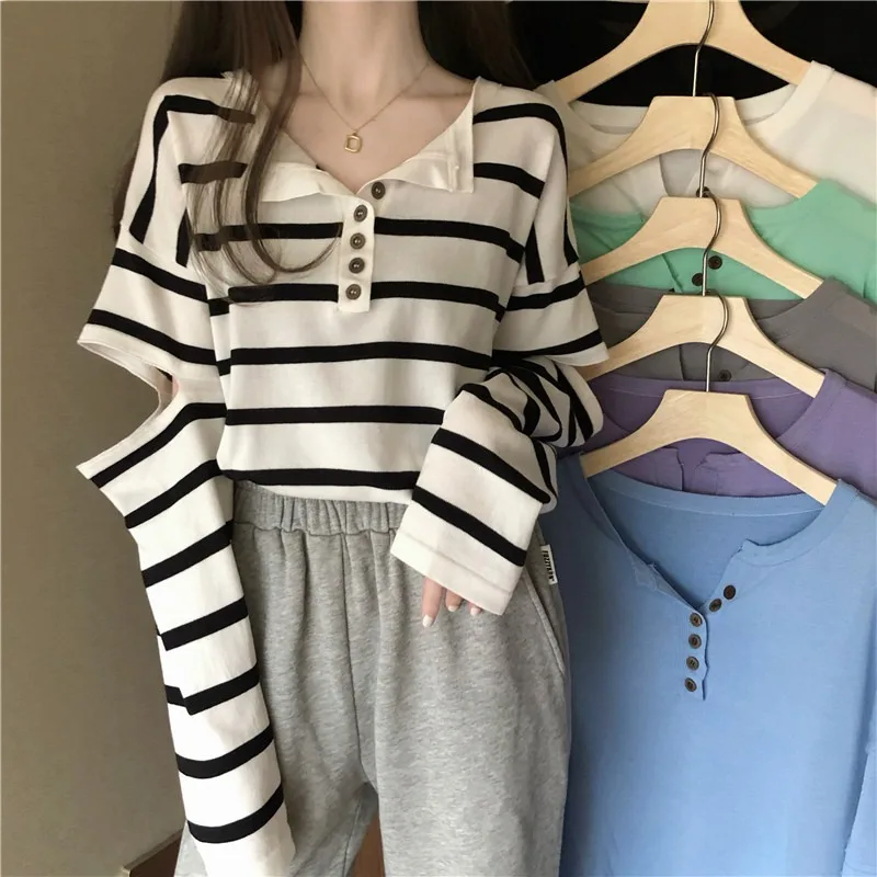

New Striped Loose Hollow Out Casual Style Spring Autumn Woman Tshirts O-neck Tees Long Sleeve Fashion Brand Female Tops Solid