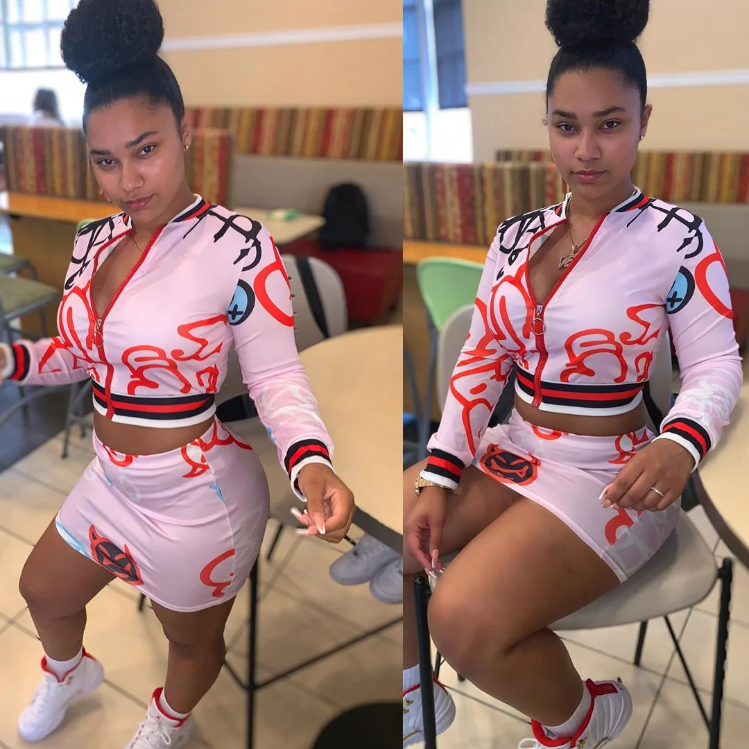 

FNOCE международная торговля женская одежда с цветочным принтом Модный повседневный костюм из двух частей с юбкой на молнии Женская одежда