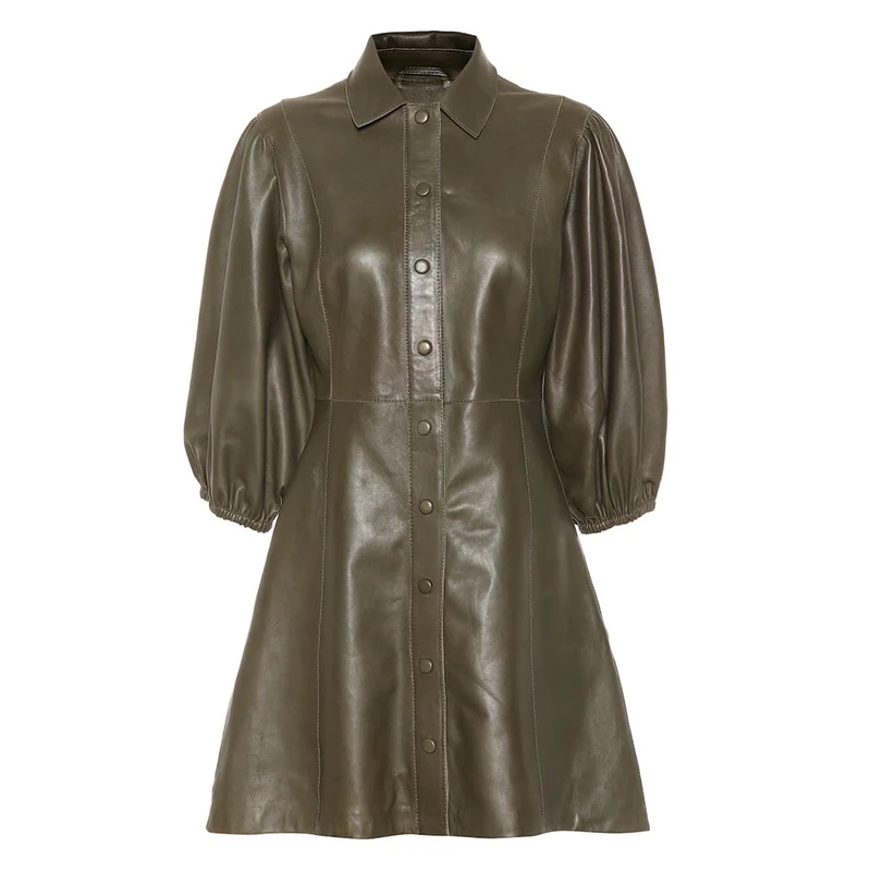 Женское кожаное платье осень PU искусственная кожа Кнопка Вниз винтажное женщины