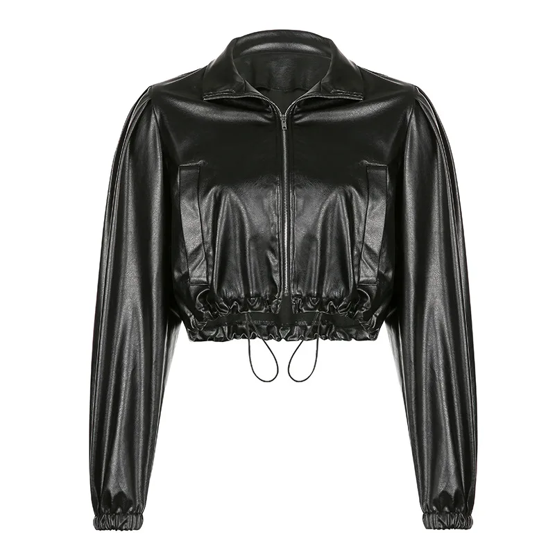 European Street Motorcycle Cool Polo Collar Drawstring Adjustable Leather Jacket Short Long Sleeve PU Jacket Zipper Cardigan Top