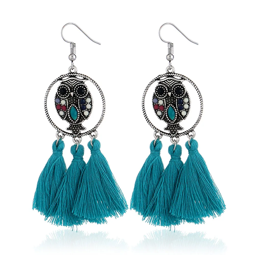 

Fashion Bohemian Tassel Owl Dangle Earrings Personality Temperament Geometry Alloy Resin Drop Earrings