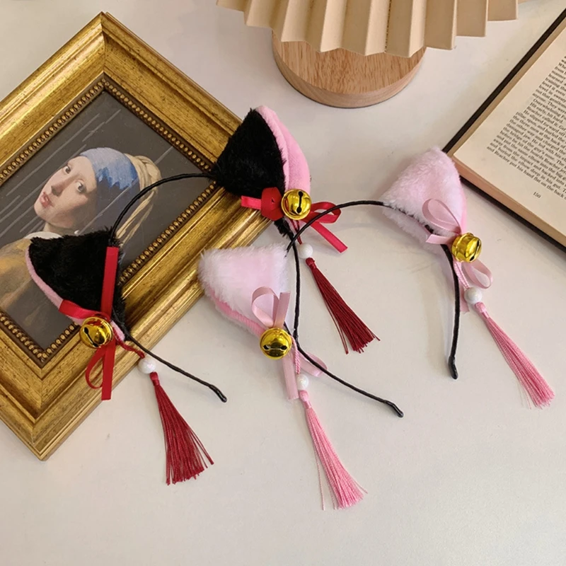 

Cat Ears Fluffy Headbands for Women Bells Tassel Headwear Lovely Hair Props
