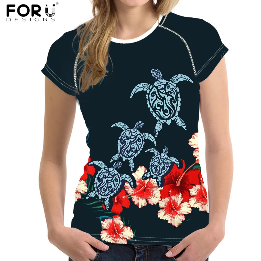 

FORUDESIGNS/новый стиль, женская мягкая одежда, полинезийский племен, цветочный рисунок черепахи, Арт, женские повседневные футболки с круглым вы...
