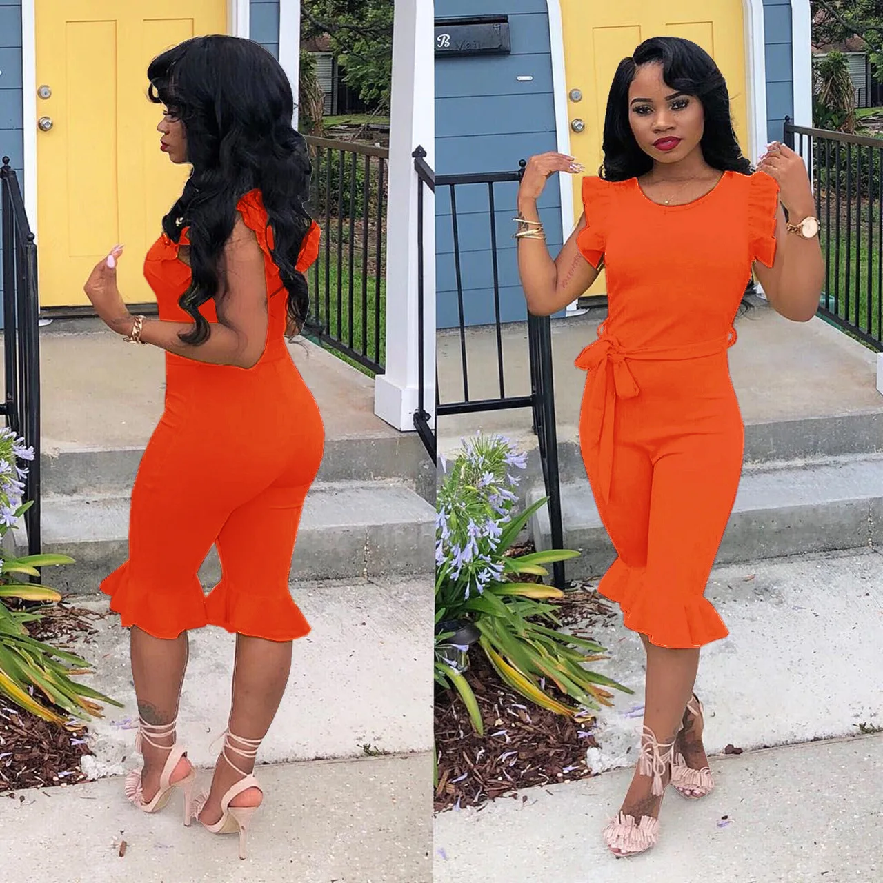 

Fashion Knee Length Trousers Jumpsuit Solid Color Wooden Ears Lace Up Streetwear One Piece Romper Women Summer