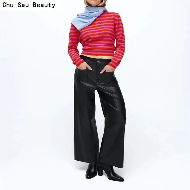 

New ZA Women's Fashion Faux Leather Black Straight Pants Autumn High Waist Retro Front Pocket Zipper Machine Pants Street Wear