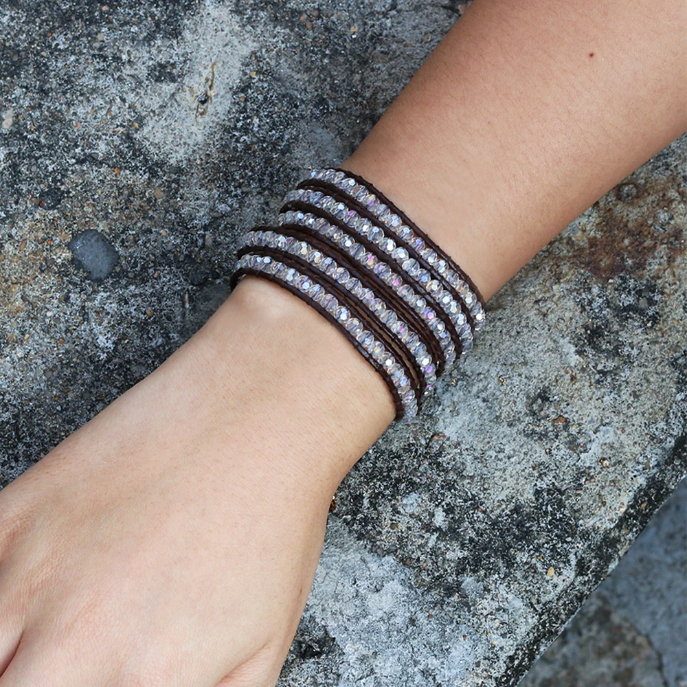 Женский браслет с кристаллами kelich кожаный регулируемый ручной работы 5