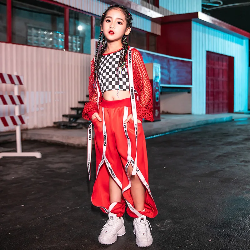 Новый костюм для джазовых танцев уличная одежда девочек красное Сетчатое пальто