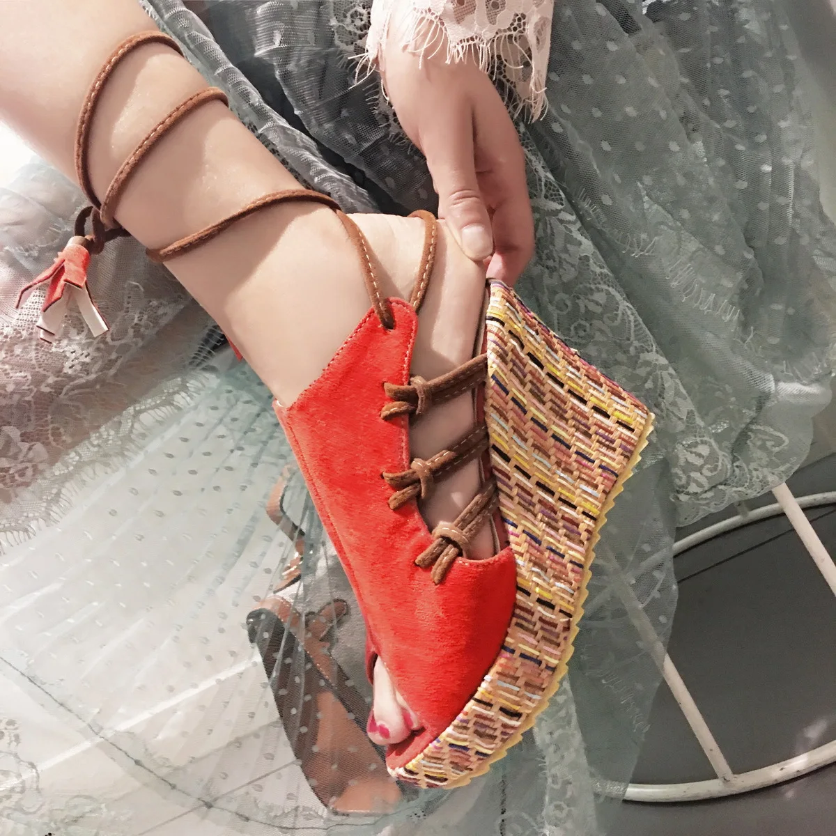 

Сандалии женские на платформе, из флока, пляжная обувь на танкетке, удобные босоножки на высоком каблуке, большие размеры, лето 2021